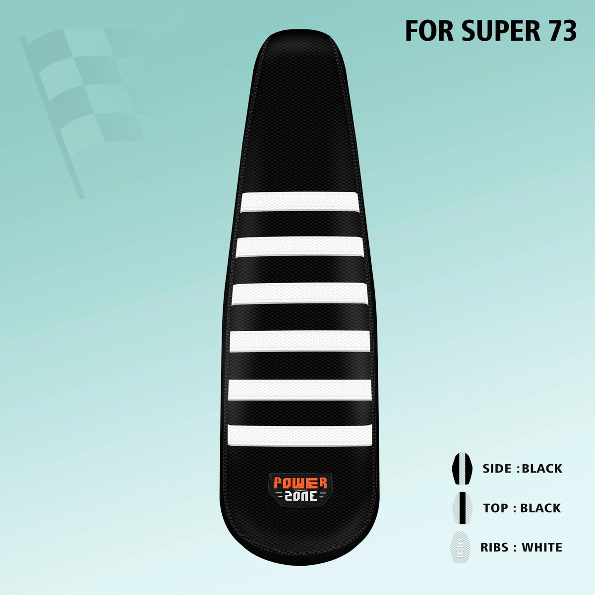Black ribbed gripper seat cover for Super 73, featuring white stripes and black accents.