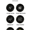 A set of round black LED light beads demonstrating energy saving, bright light, waterproof features, easy installation, APP c