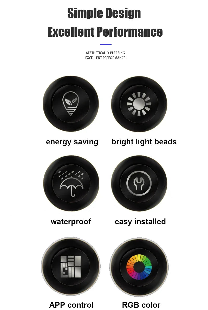 A set of round black LED light beads demonstrating energy saving, bright light, waterproof features, easy installation, APP c
