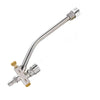 A silver pressure washer foam cannon adapter with a quick connect fitting and a flexible hose.
