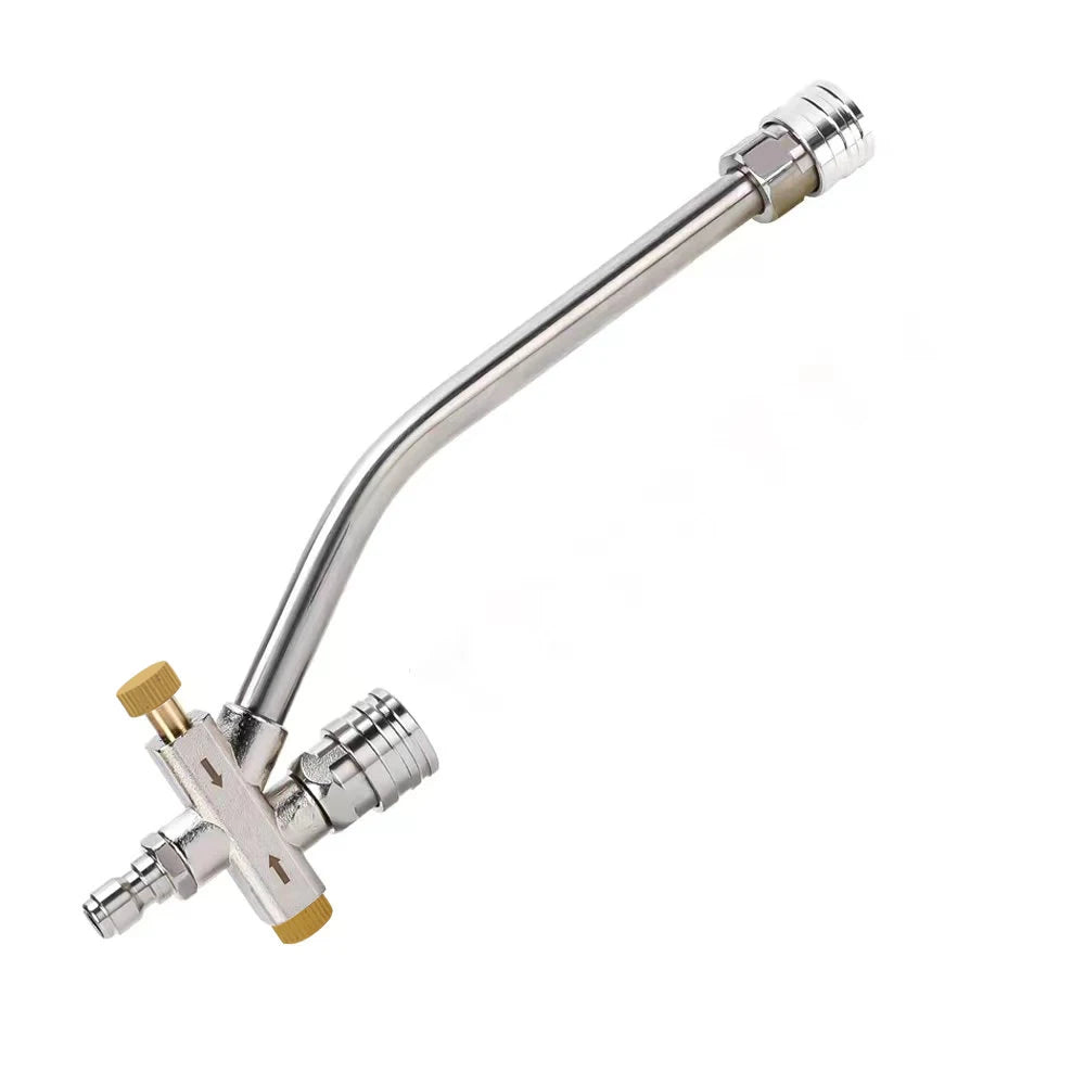 A silver pressure washer foam cannon adapter with a quick connect fitting and a flexible hose.