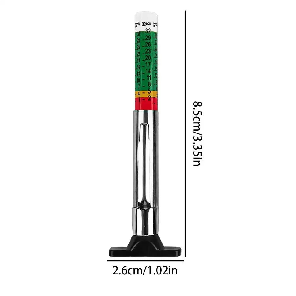 A vertical precision tire tread depth gauge with a graduated scale and a black base.