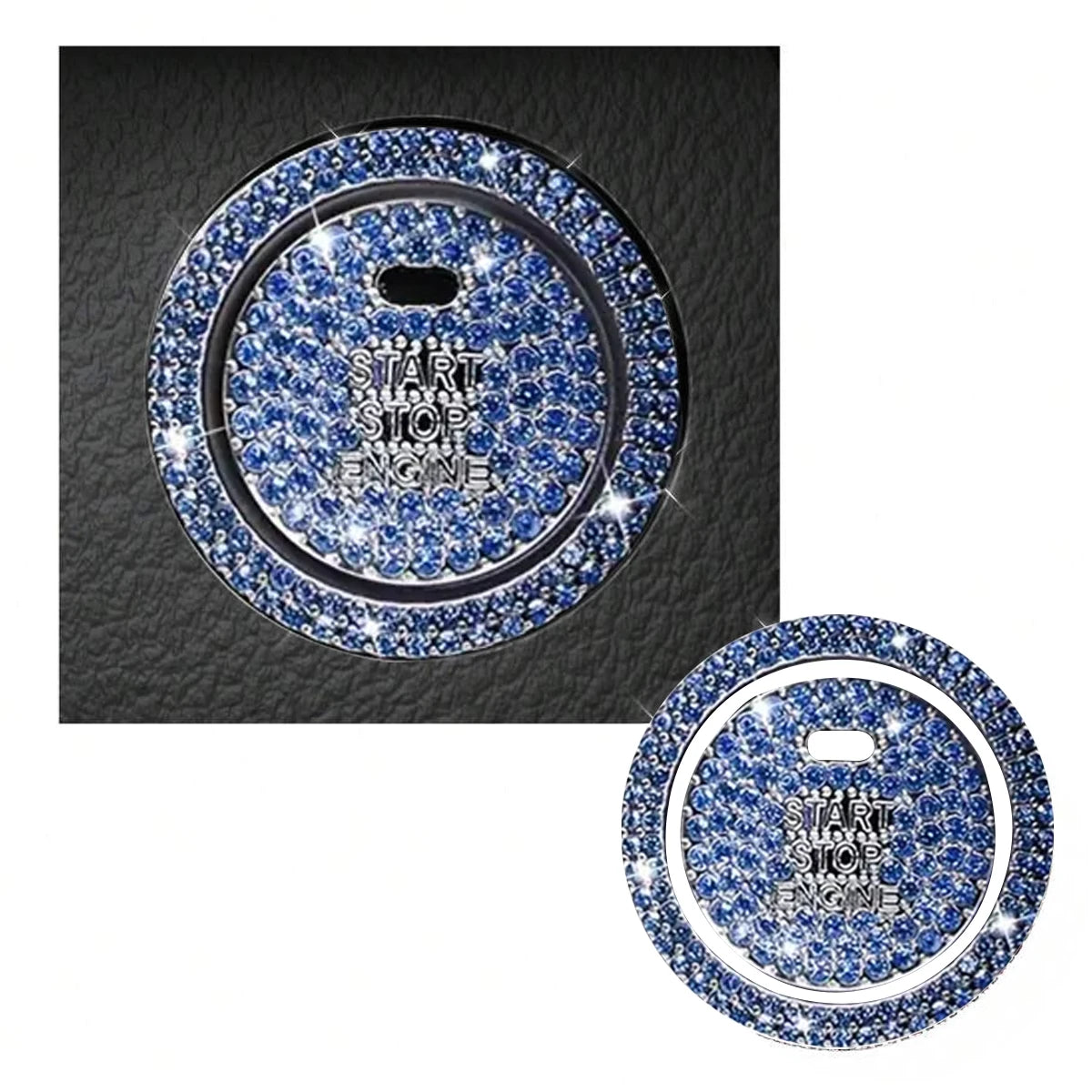 A round rhinestone cover for a car start button, sparkling blue stones on a dark background.