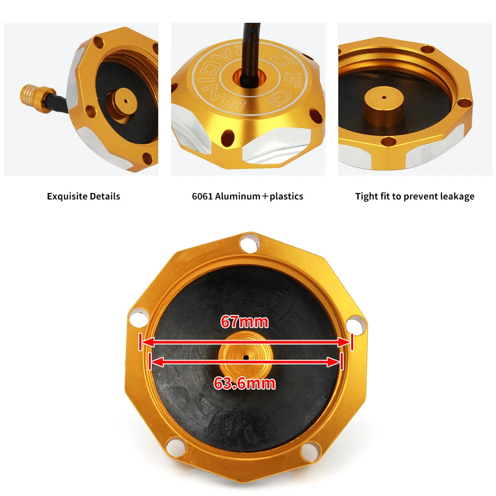 CNC machined fuel tank cap for Suzuki motorcycles showing various angles and details