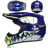 A blue and black kids motorcycle off-road safety helmet shown from the side and top view.
