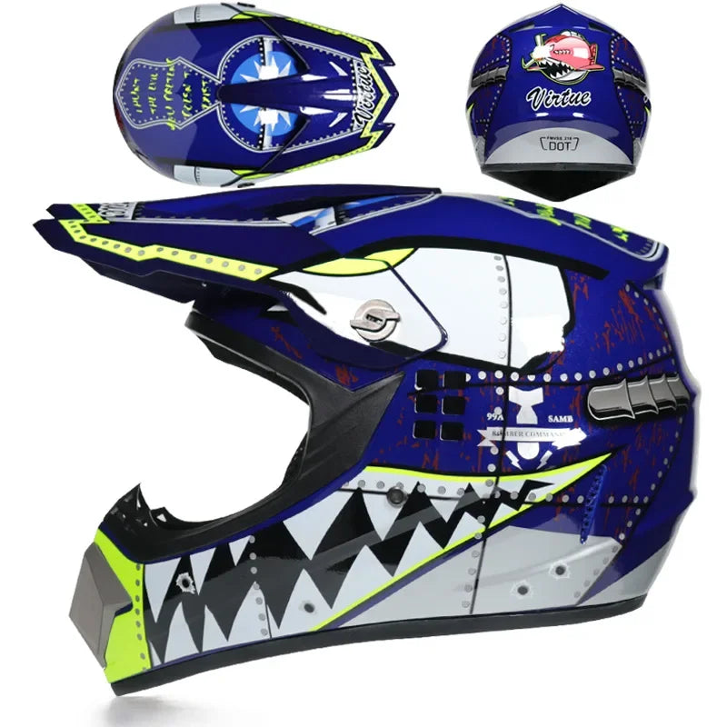 A blue and black kids motorcycle off-road safety helmet shown from the side and top view.