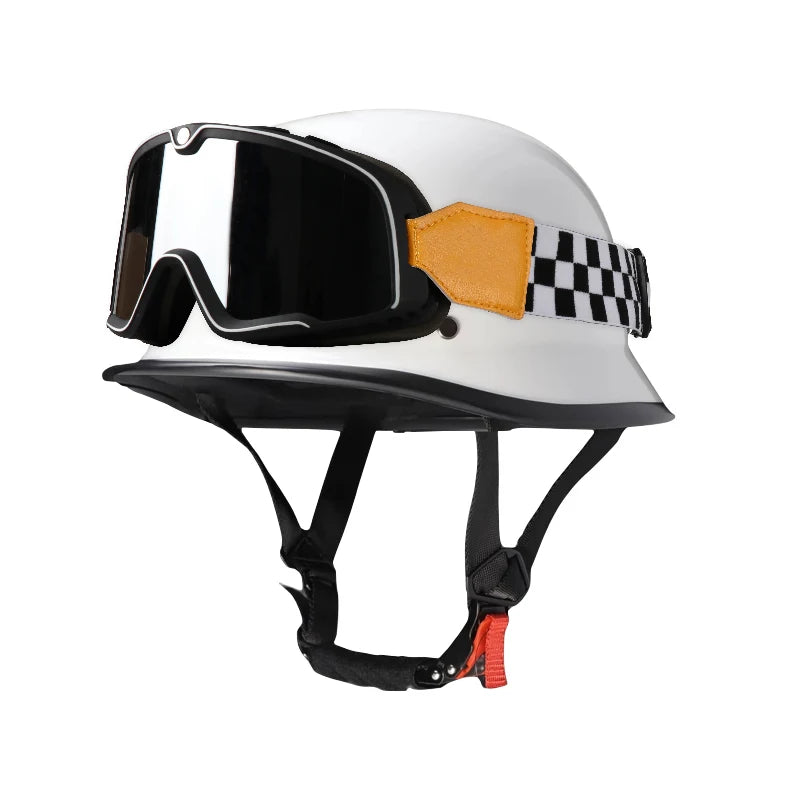 White half-helmet motorcycle and EV safety gear with an orange and black checkered strap
