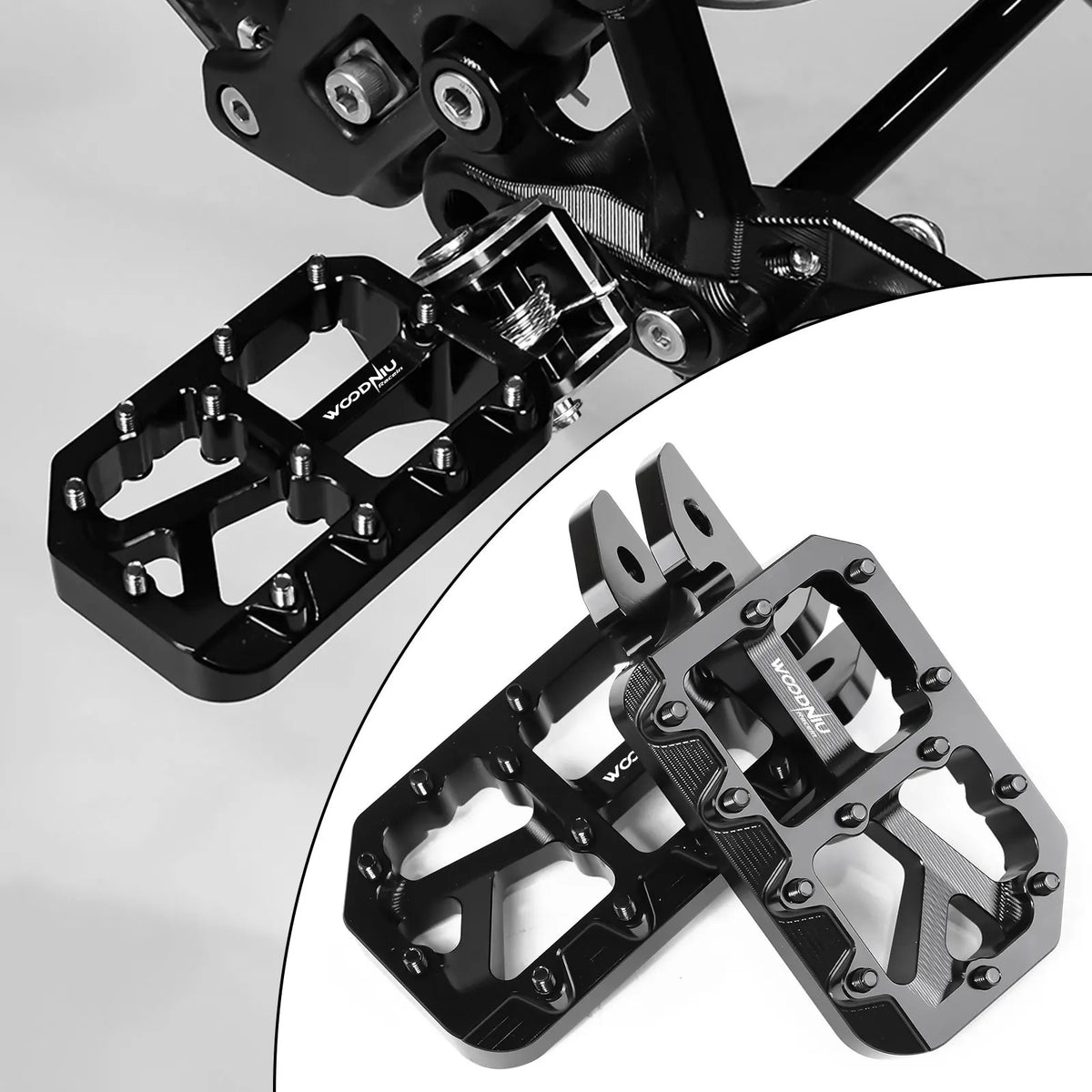 Nahaufnahme einer schwarzen, angepassten Fußpedal-Leuchte für E-Bikes und Motorräder.