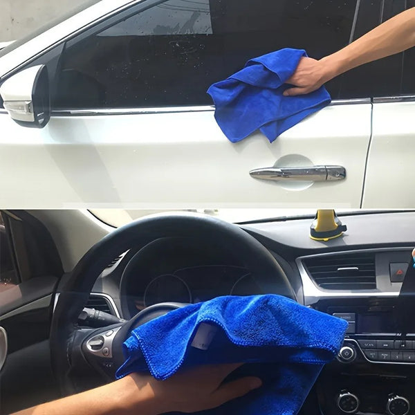 A hand wipes a car window with a blue microfiber cloth, next to a car interior showing the steering wheel and dashboard.