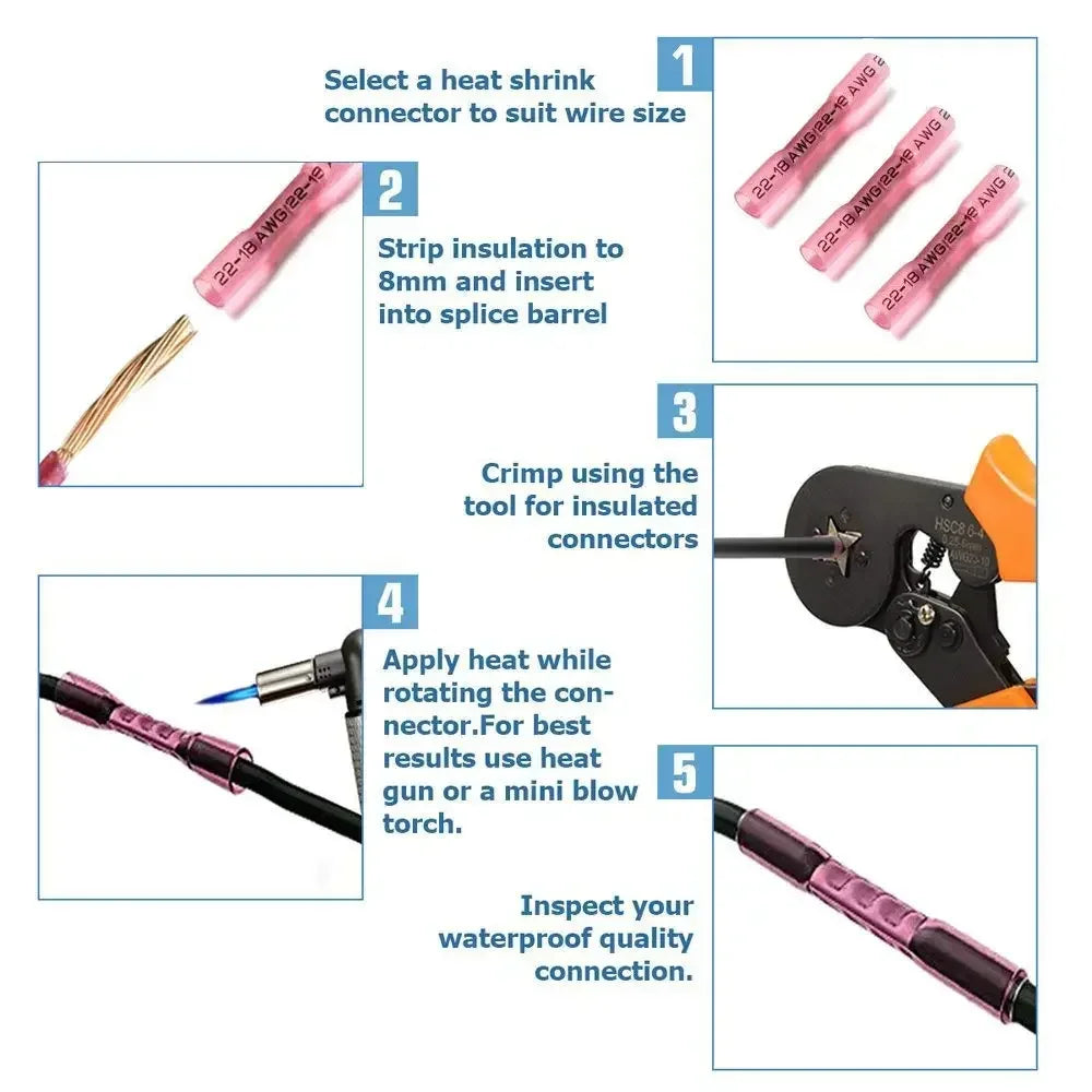 Five steps showing how to use a heat shrink connector to insulate and join wires.