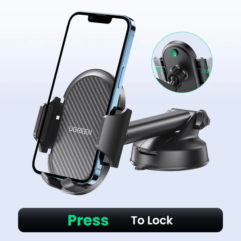 Support de téléphone à pince pour voiture, monté sur un appareil mobile, avec détail en inséré.