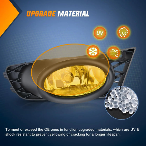 Upgrade material for a Honda Civic fog light assembly, showing UV and shock resistance features.