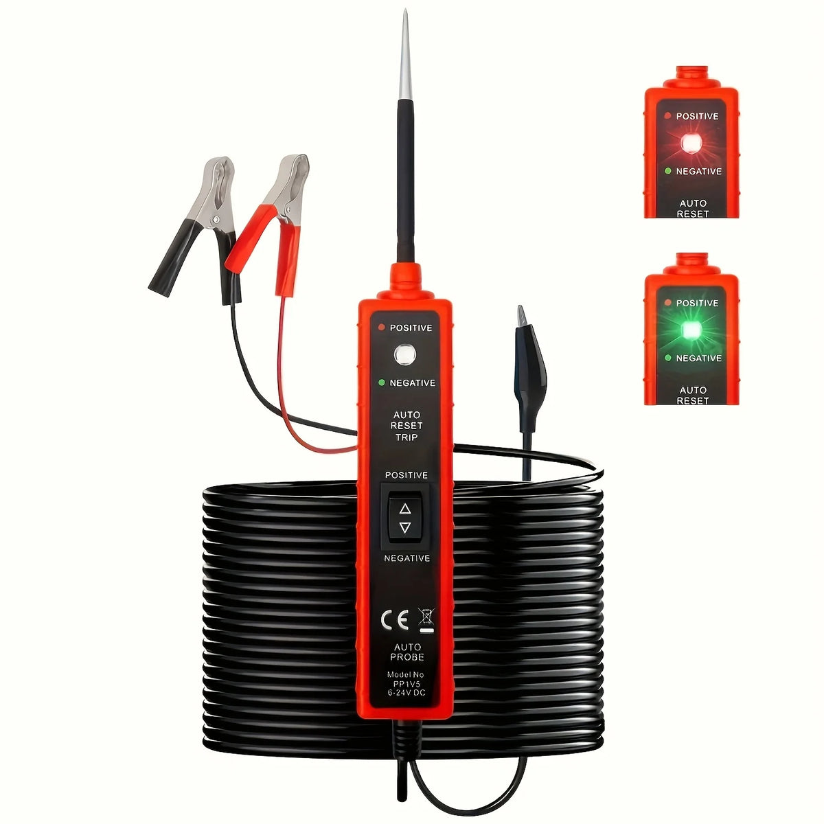 An orange and black universal DC electrical system tester with probes and test indicators.