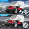 A red Jeep Wrangler covered with a waterproof white canvas car cover, demonstrating windproof and waterproof features.