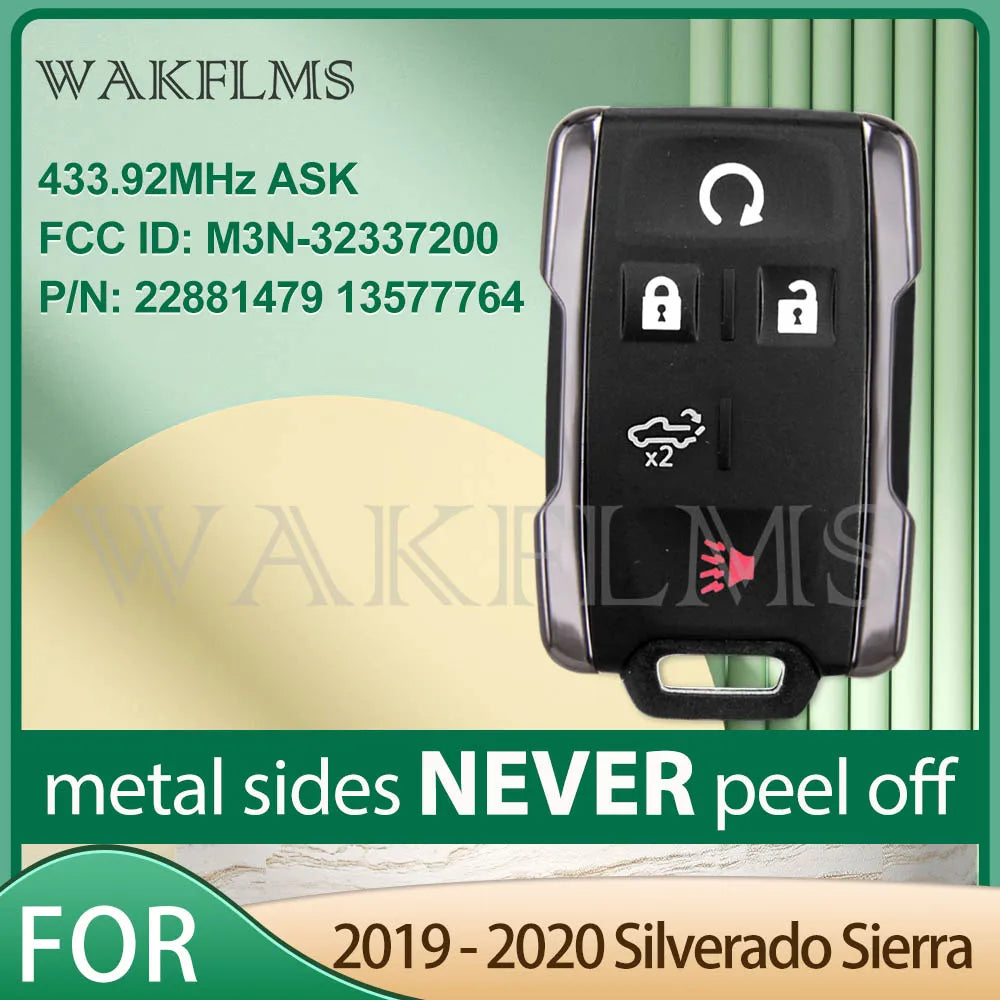Black universal remote key for Chevy/GMC trucks with metal sides and FCC ID information
