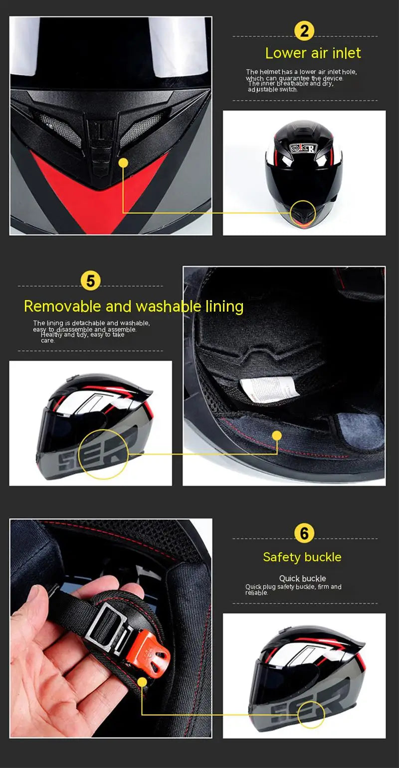 Close-up views of a black full face motorcycle helmet showing the air inlet, removable lining, and safety buckle.