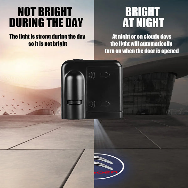 A black wireless LED car door welcome light projector with a Citroën logo is shown illuminating the ground.