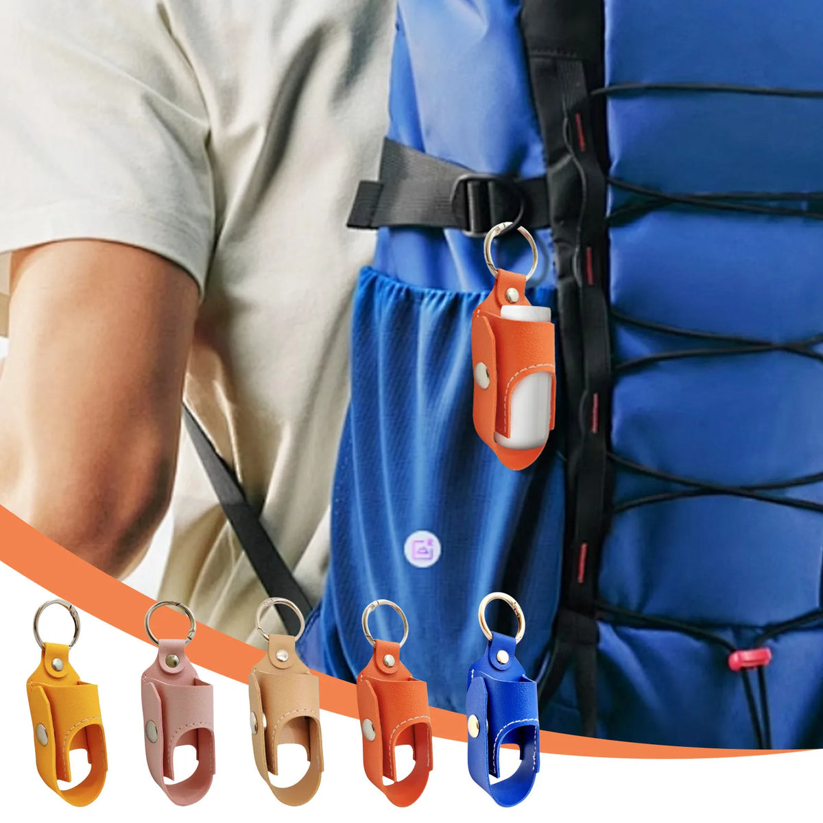 Various colored portable inhaler storage cases with keychains shown next to a blue medical vest.