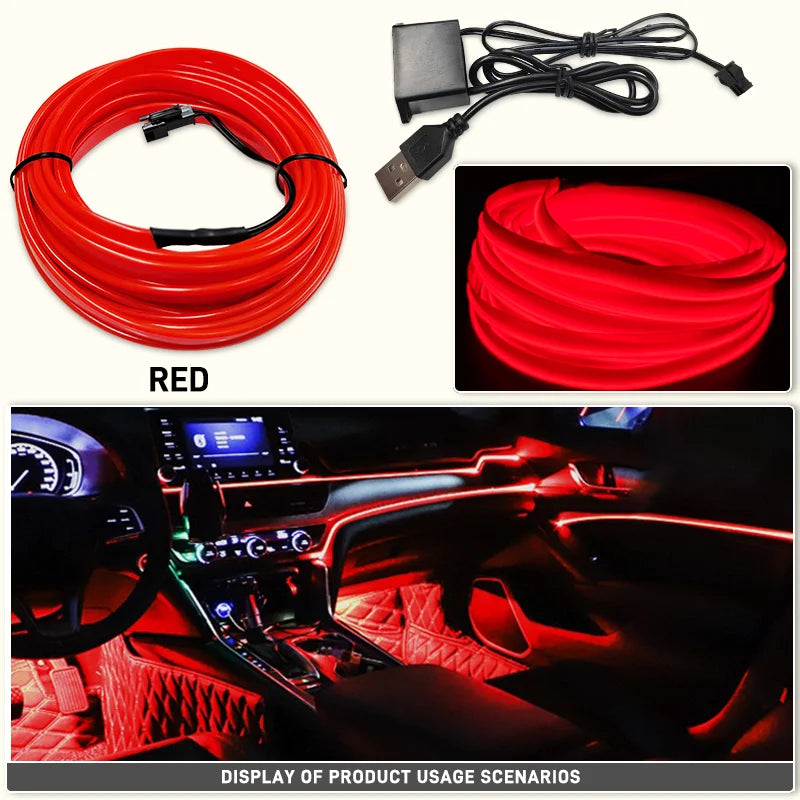 Red flexible LED wiring strip used for car interior ambient lighting, showing installation and usage scenarios.