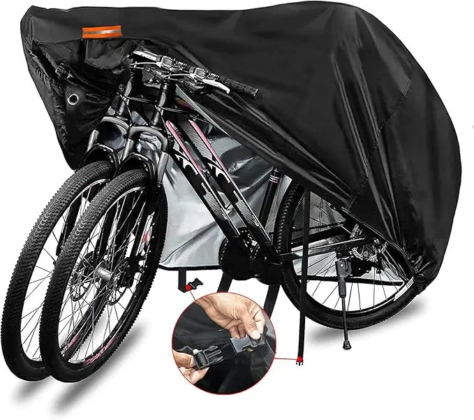 A black heavy duty waterproof bicycle cover is shown open, displaying a bicycle frame and wheels.