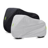 A gray waterproof cover for a motorcycle or scooter, shown folded and laid flat.