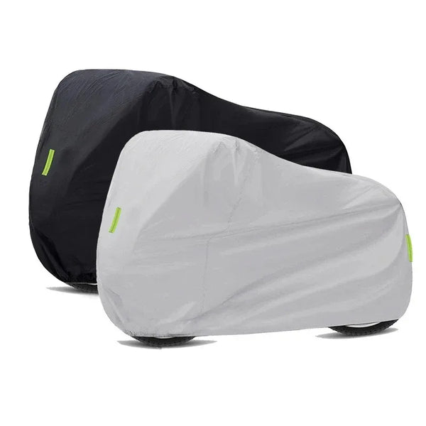 Cubierta impermeable gris para motocicleta o scooter, mostrada doblada y extendida.