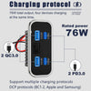 A black universal DC car charger adapter showing multiple charging ports for devices.