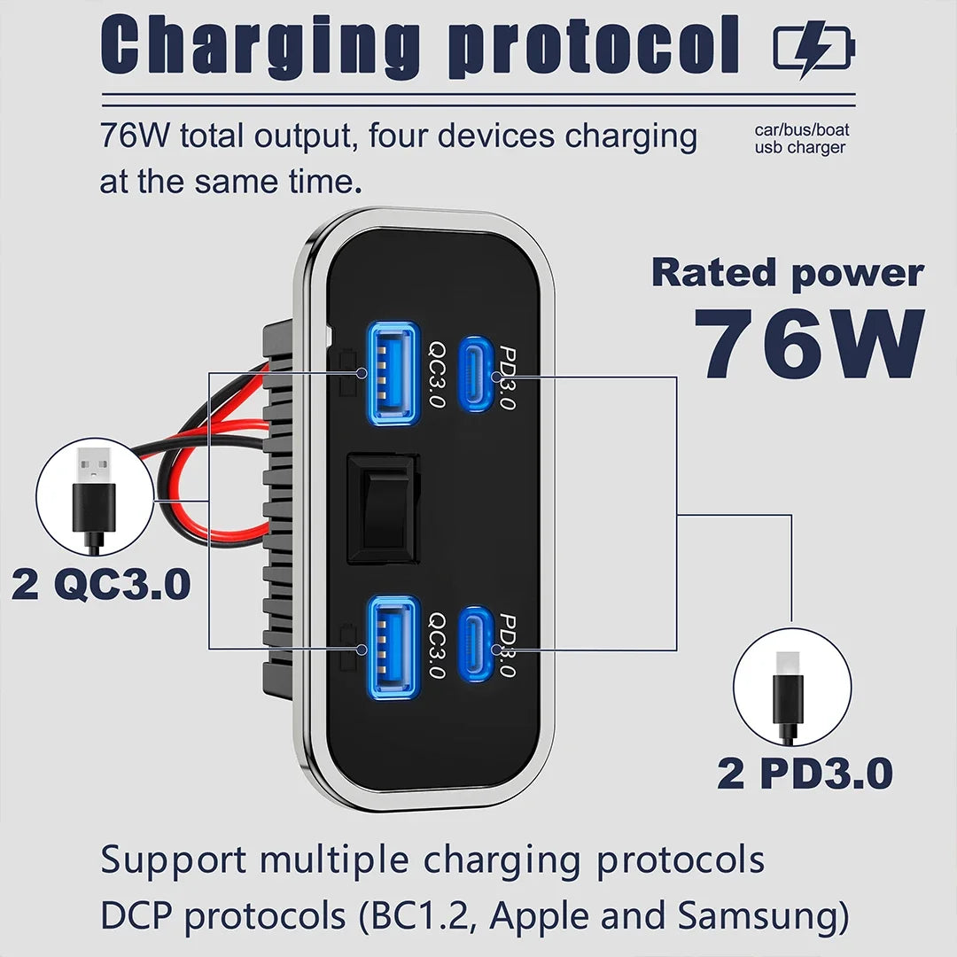 A black universal DC car charger adapter showing multiple charging ports for devices.