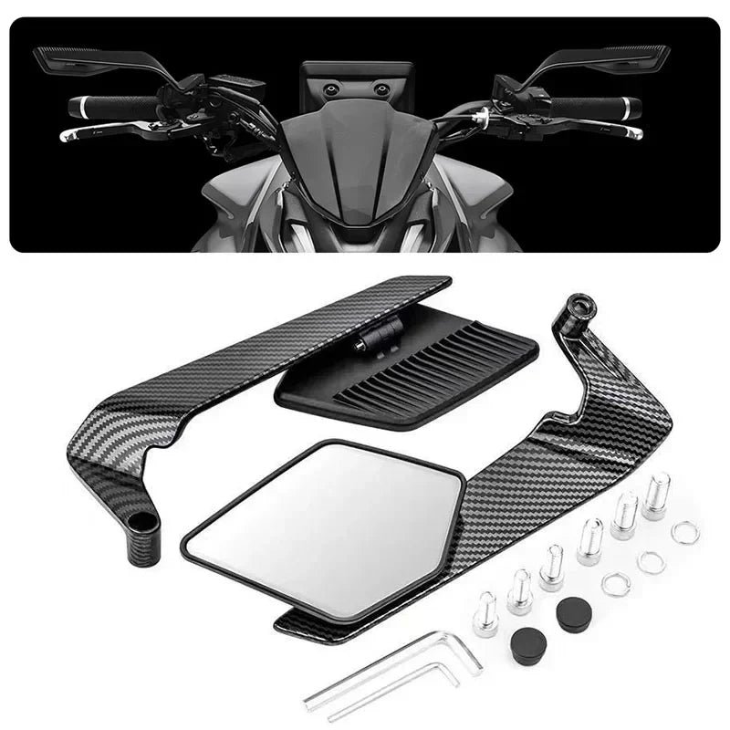 A set of adjustable motorcycle side mirrors and mounting hardware for a bike.