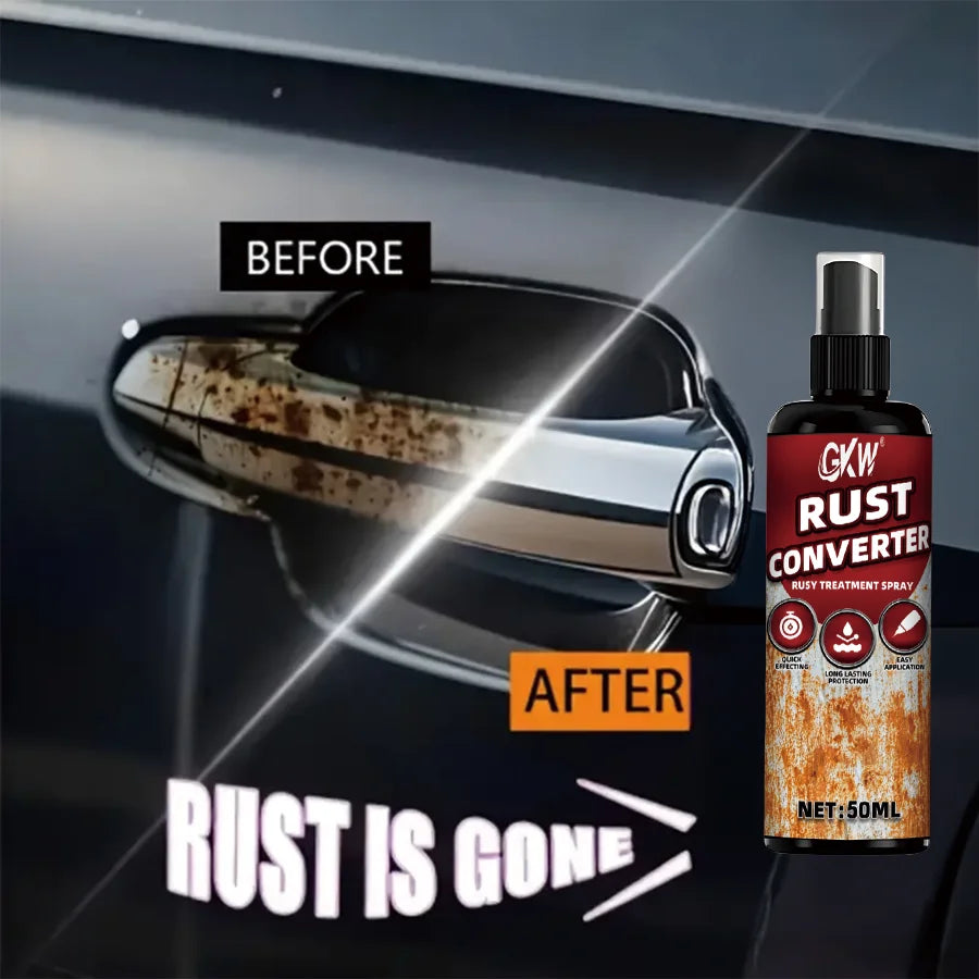 Before and after comparison showing rust removal on a metal surface using a rust converter spray.