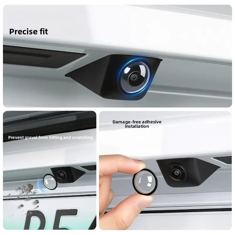 Close-up of a camera installation on a car, showing a precise fit and damage-free adhesive application.
