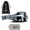 A pair of black and white patterned motorcycle goggles with a black drawstring bag and packaging.