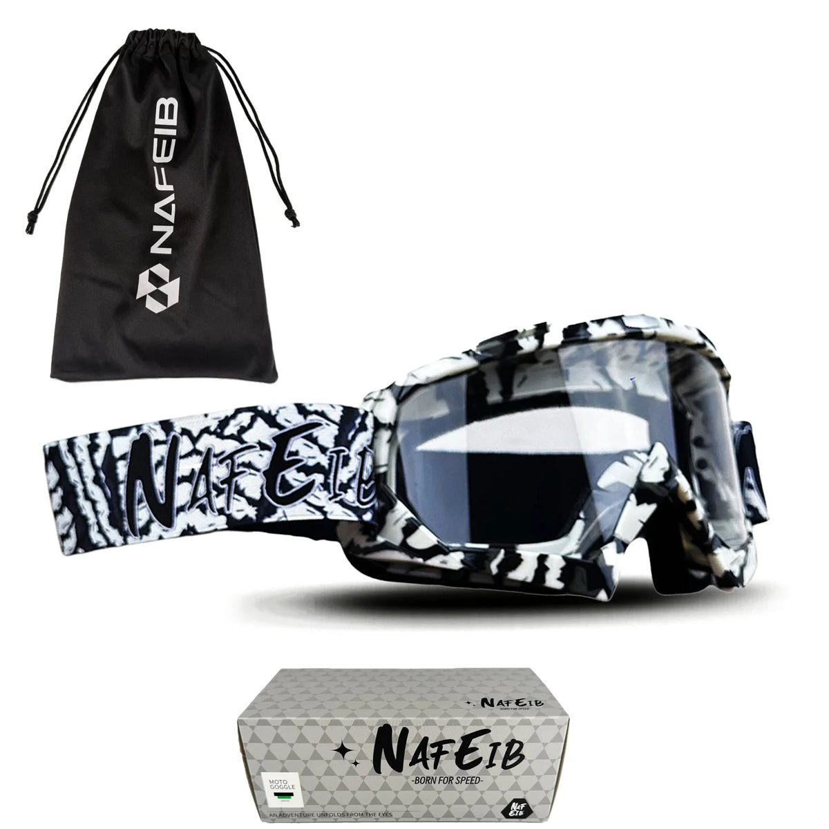 A pair of black and white patterned motorcycle goggles with a black drawstring bag and packaging.