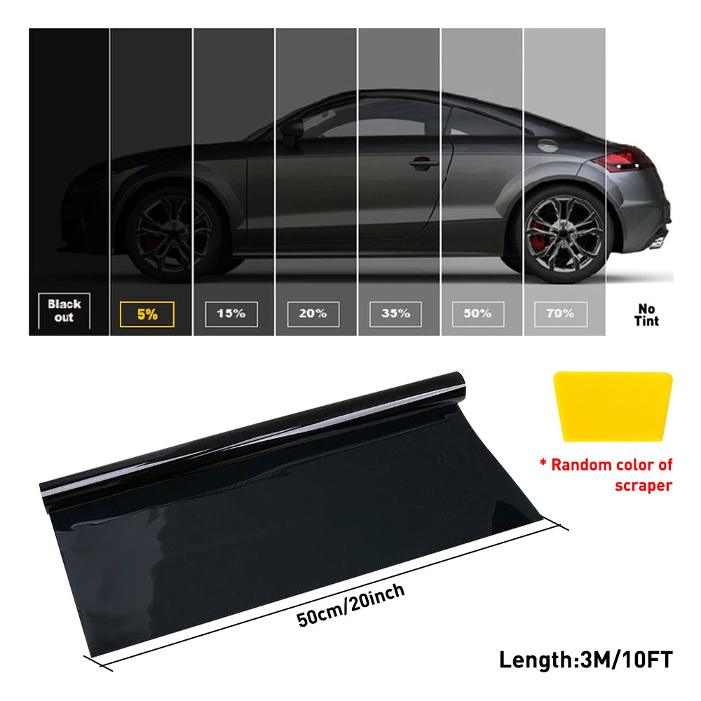 A black car demonstrates various tint levels, with a window tint film applicator shown below.