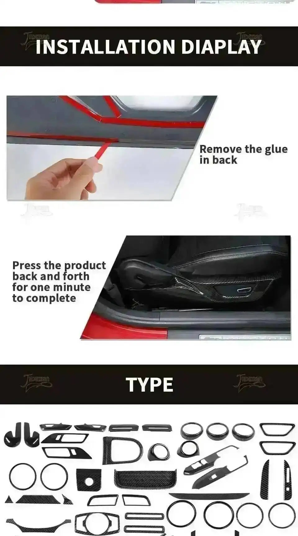 Installation display showing steps to remove glue and press the product back onto a car interior surface.