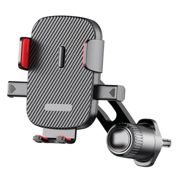A black universal car phone mount with a gravity lock mechanism.