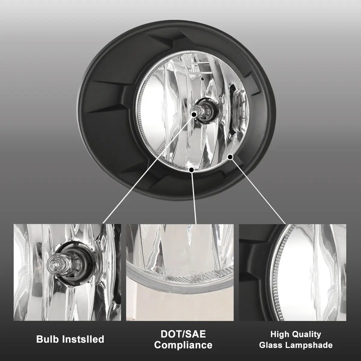 A close-up view of a black fog light assembly with a clear lens, showing the bulb installed and glass lampshade compliance.
