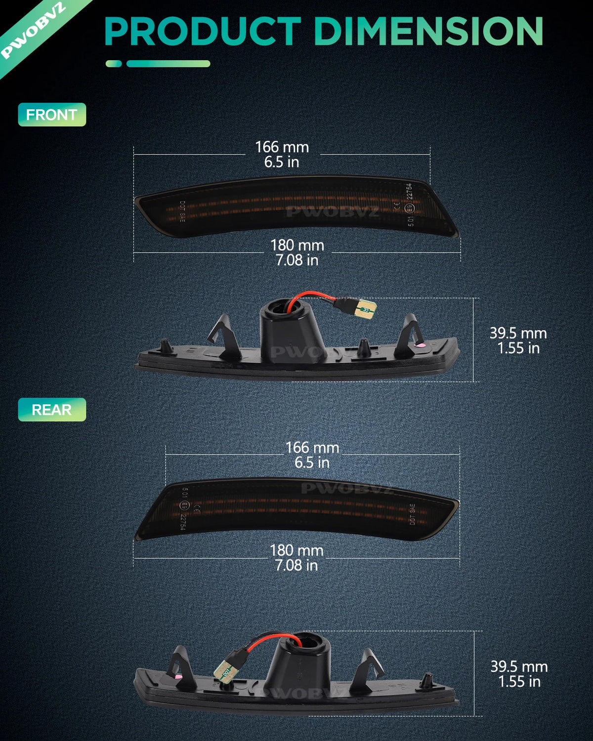 Diagram showing the front and rear dimensions of LED turn signal lights, including measurements in millimeters and inches.