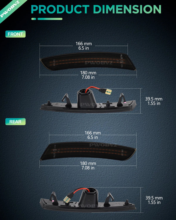 Diagram showing the front and rear dimensions of LED turn signal lights, including measurements in millimeters and inches.