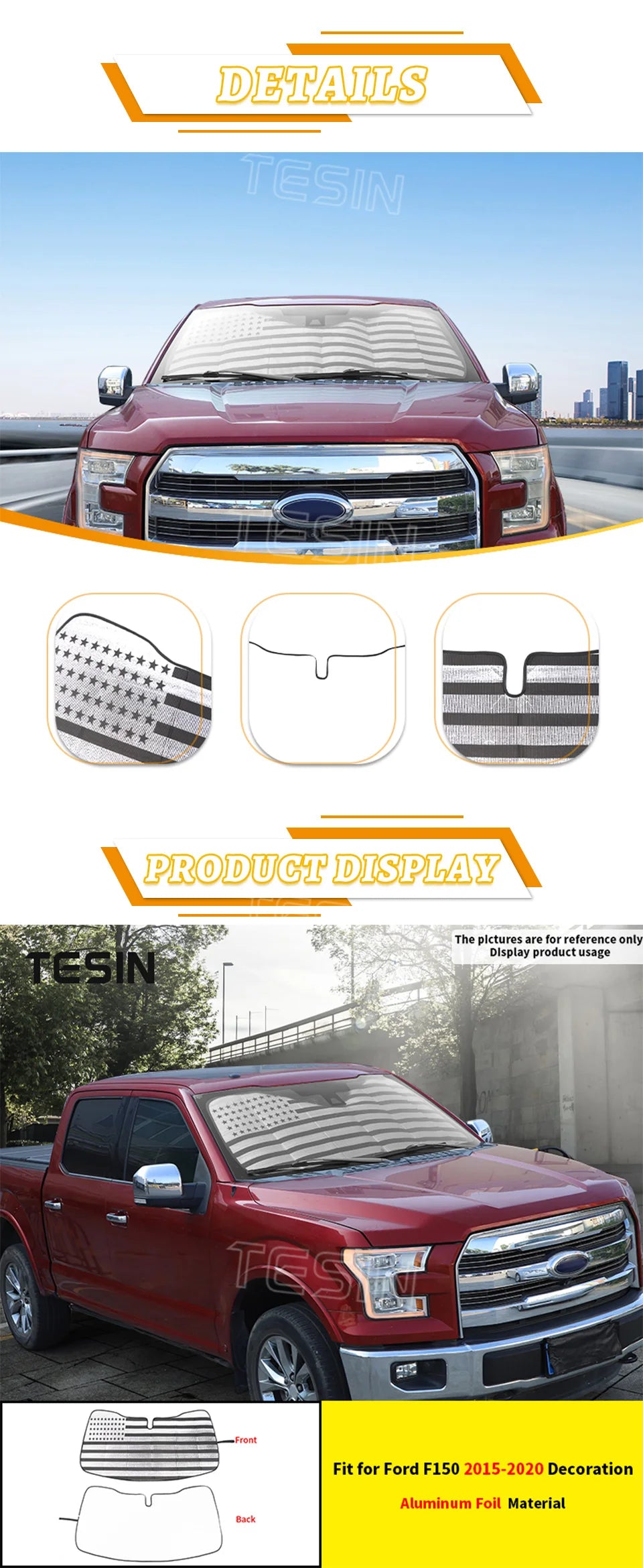 Aluminum foil windshield sunshade for a red Ford F150 truck