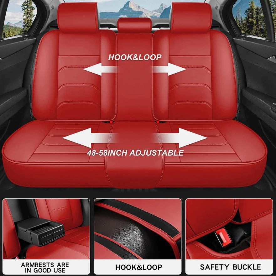 Red universal car seat covers full set featuring hook and loop closures and adjustable sizing