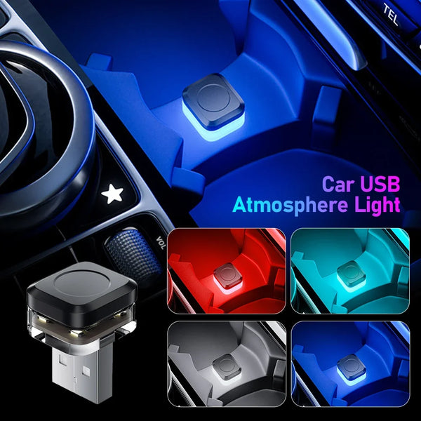 A set of universal car USB ambient LED lights shown in various installation angles and colors.