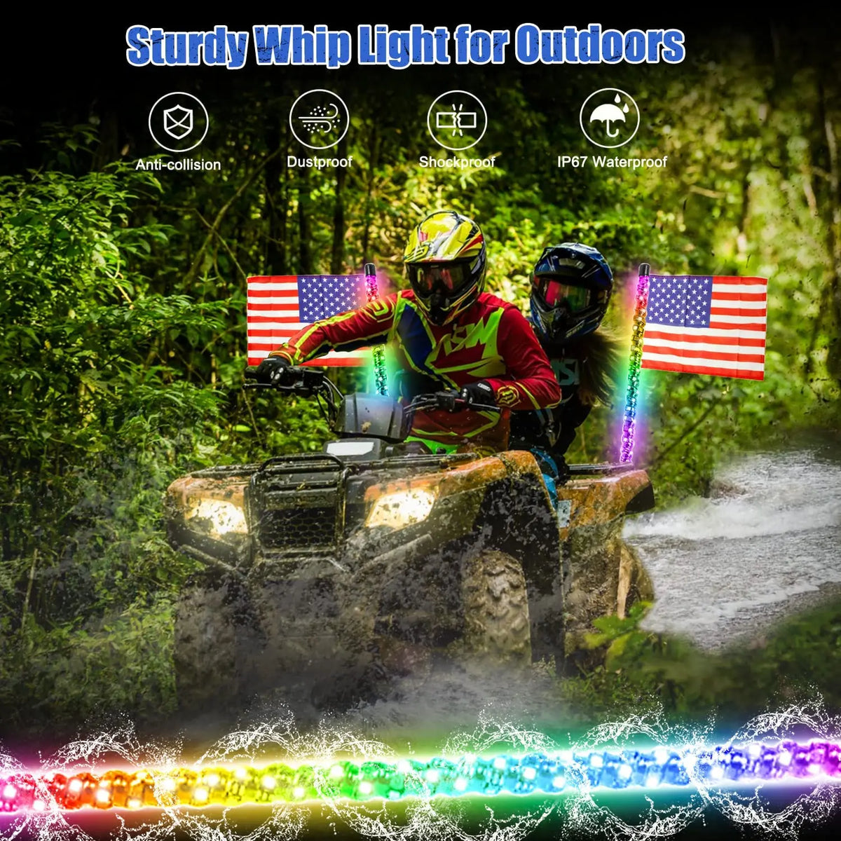 A person driving an off-road vehicle with an RGB chasing light whip illuminating the front.