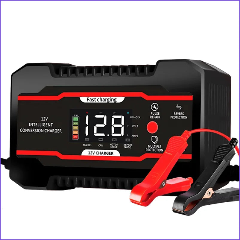 A black 12V intelligent conversion charger with a red plug and cables for automotive battery charging.