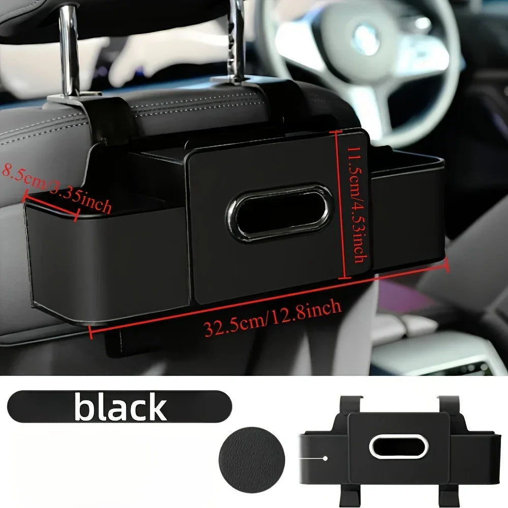 Black multifunctional car back seat organizer with cup holder shown in a close-up view.