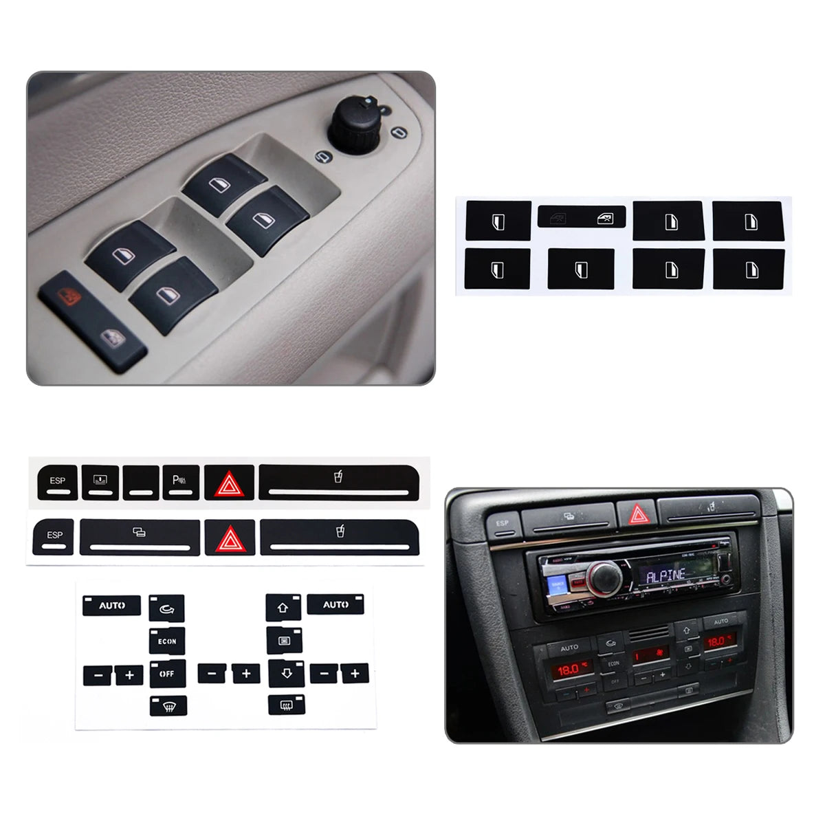 A set of power window switch repair kits including various components and a complete control panel assembly.