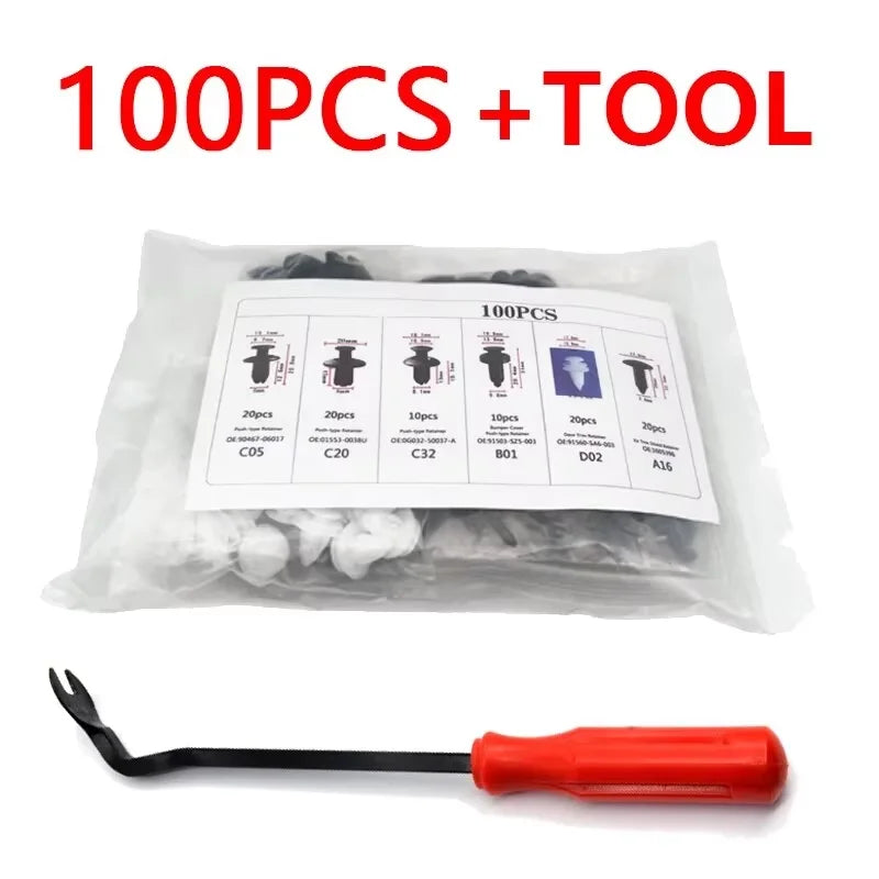 Sac plastique transparent contenant 100 clips de rétention pour garnitures de portes de voiture et un outil.