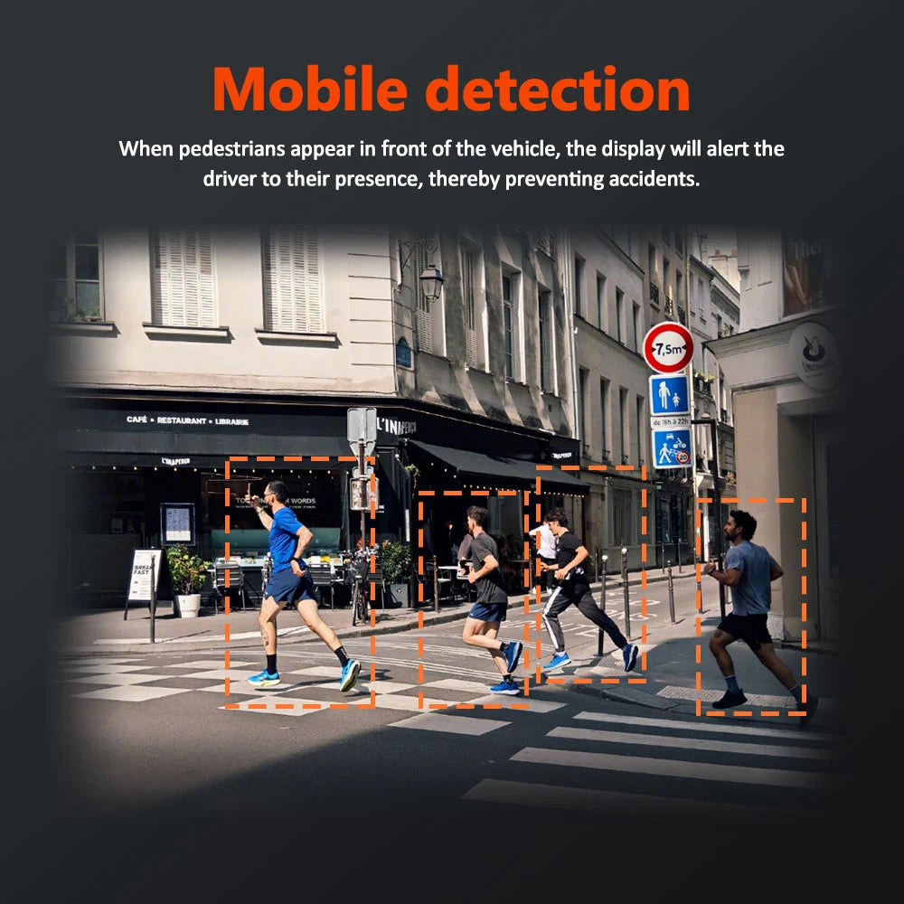 Straßenszene mit Fußgängern, die vor einem Fahrzeug überqueren, illustriert mobile Erkennungstechnologie.