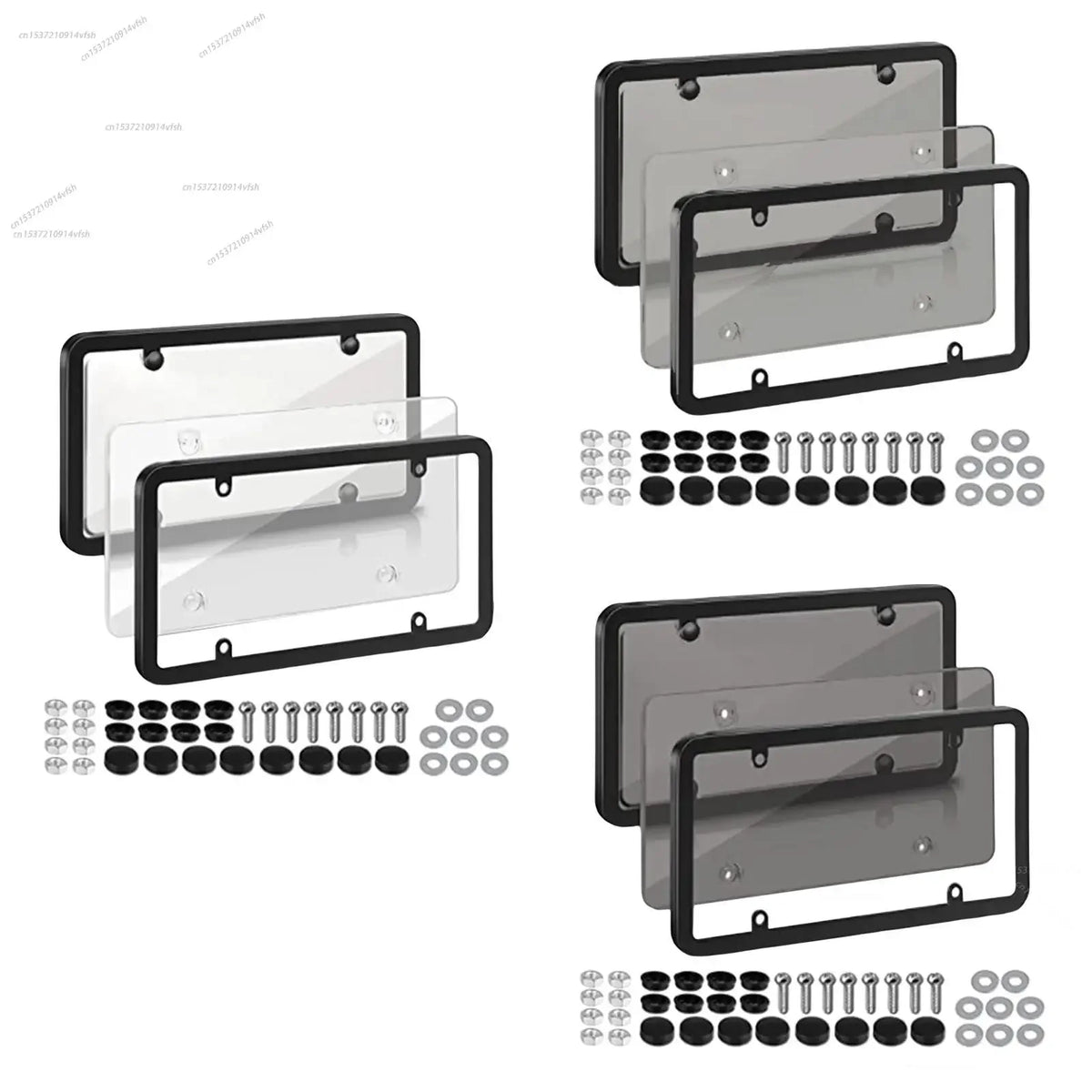 A set of license plate protectors for US and Canada vehicles, shown with various mounting plates and screws.