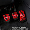 Three red aluminum sports pedal covers for car pedals, designed to prevent slippage and wear.